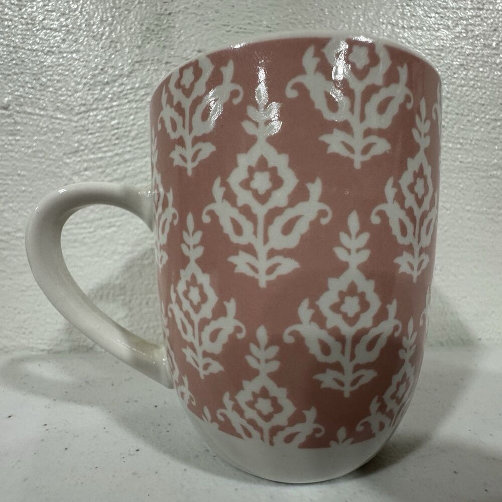 Mainstays Pink & White Damask Floral Pattern Stoneware Coffee Mug
